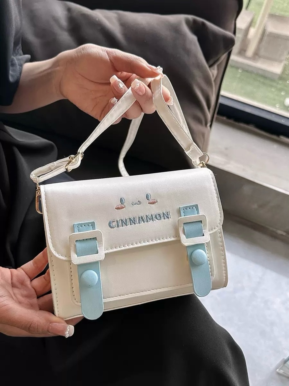 Cinnamon Small Crossbody Bag in White with Light Blue Accents